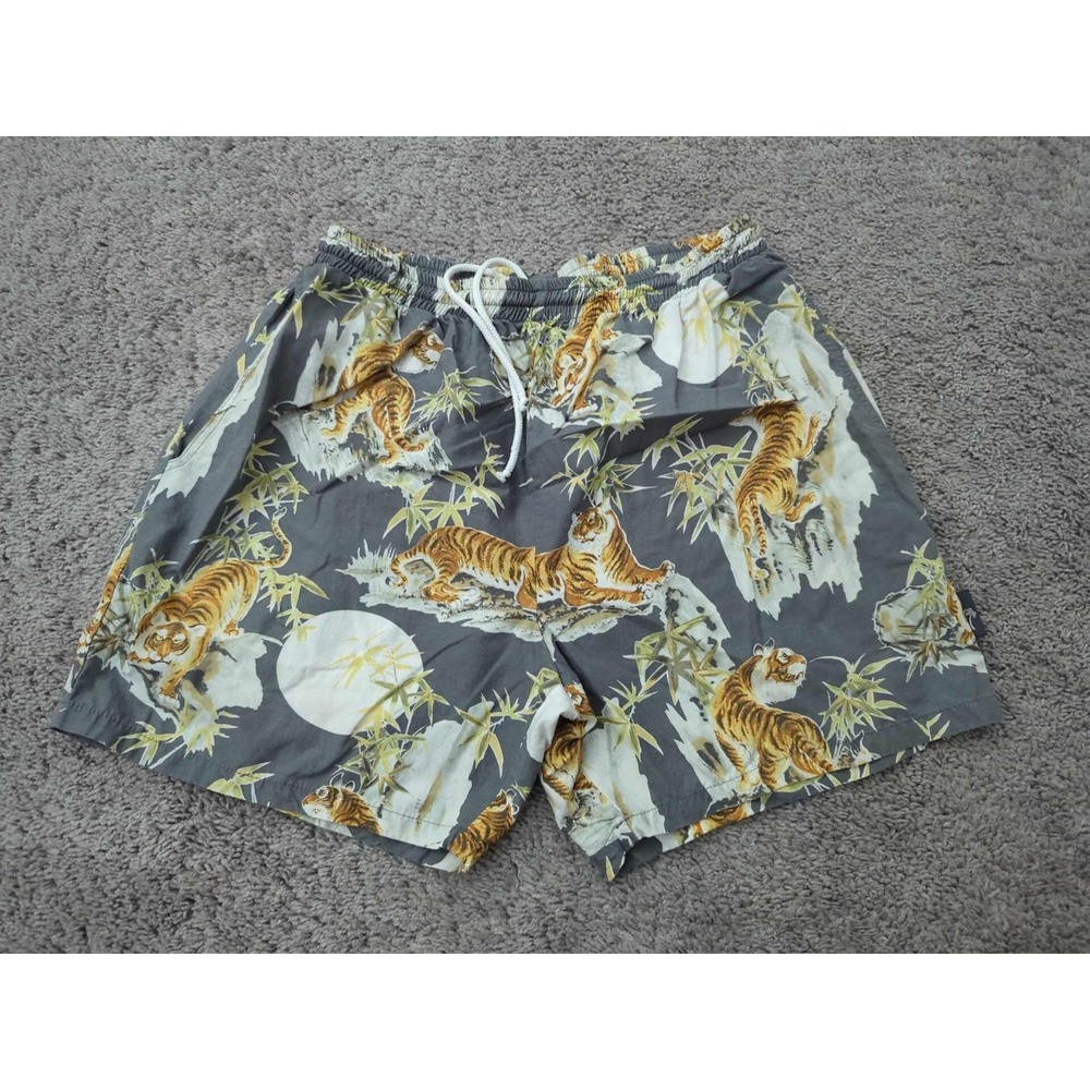 Go Barefoot Shorts Mens L Gray Hawaiian Bamboo‎ Tiger Swim Casual Made in USA